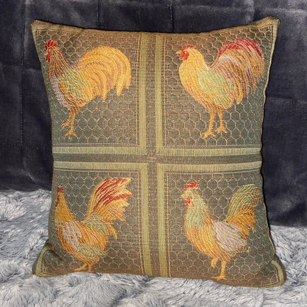 Rooster minipillow with green backside 11 inches by 12 Farmhouse decor